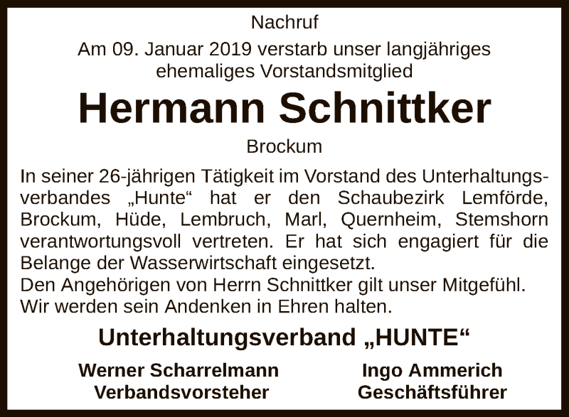  Traueranzeige für Hermann Schnittker vom 11.01.2019 aus SYK
