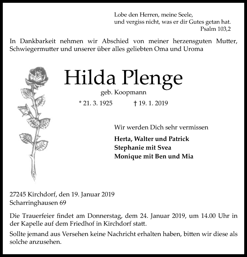  Traueranzeige für Hilda Plenge vom 22.01.2019 aus SYK