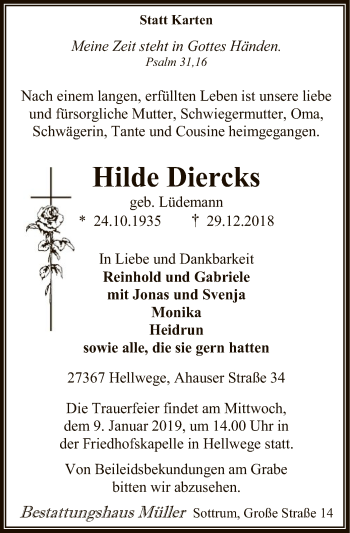 Traueranzeige von Hilde Diercks von SYK