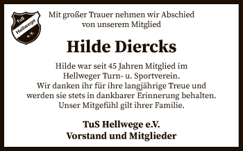 Traueranzeige von Hilde Diercks von SYK