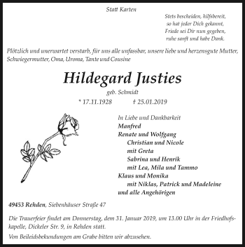 Traueranzeige von Hildegard Justies von SYK