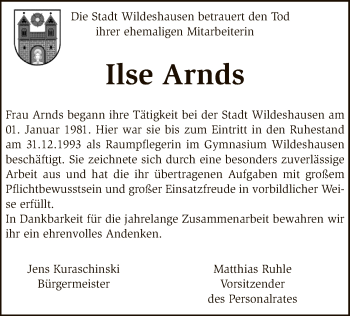 Traueranzeige von Ilse Arnds von SYK