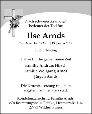 Traueranzeige von Ilse Arnds von SYK