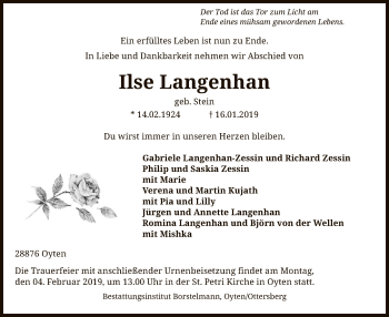 Traueranzeige von Ilse Langenhan von SYK