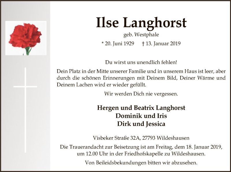  Traueranzeige für Ilse Langhorst vom 15.01.2019 aus SYK