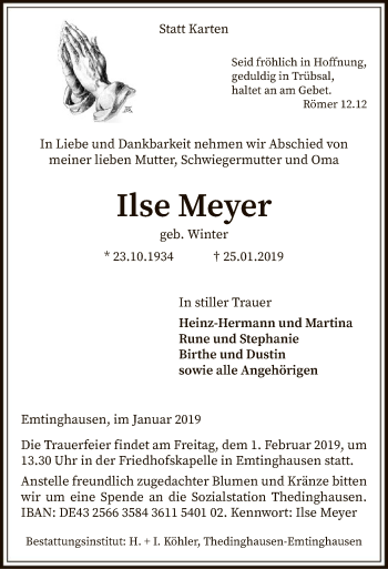 Traueranzeige von Ilse Meyer von SYK