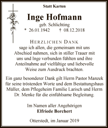 Traueranzeige von Inge Hofmann von SYK