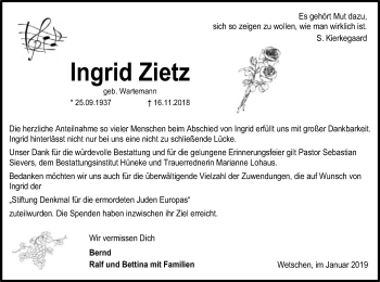 Traueranzeige von Ingrid Zietz von SYK