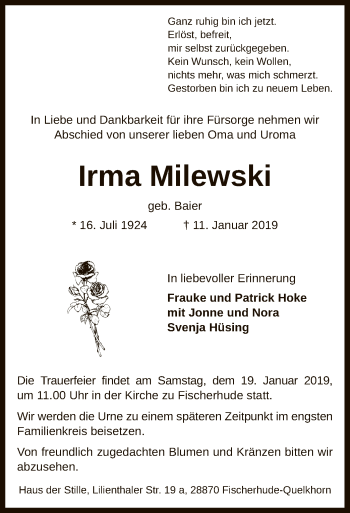 Traueranzeige von Irma Milewski von SYK