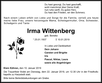 Traueranzeige von Irma Wittenberg von SYK