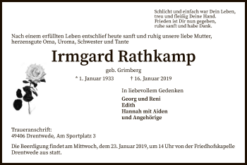 Traueranzeige von Irmgard Rathkamp von SYK