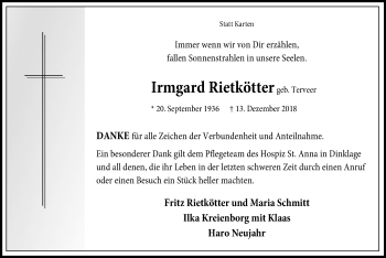 Traueranzeige von Irmgard Rietkötter von SYK