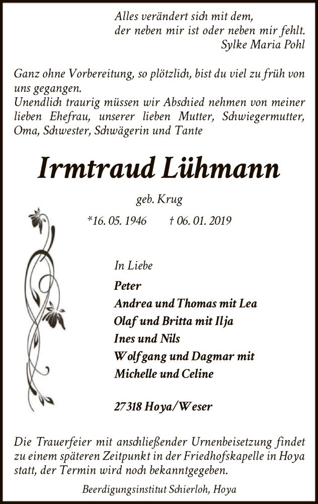  Traueranzeige für Irmtraud Lühmann vom 12.01.2019 aus SYK