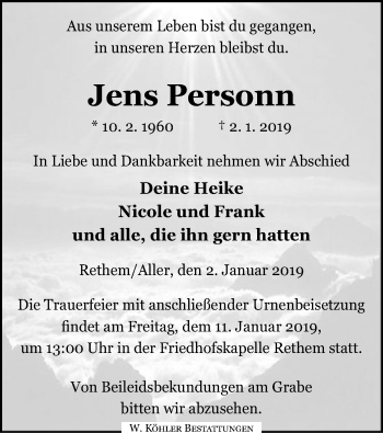 Traueranzeige von Jens Personn von SYK