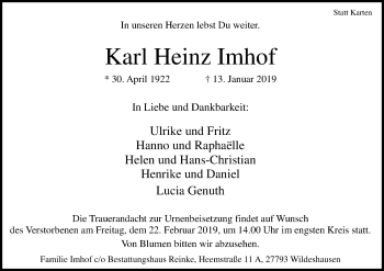 Traueranzeige von Karl Heinz Imhof von SYK
