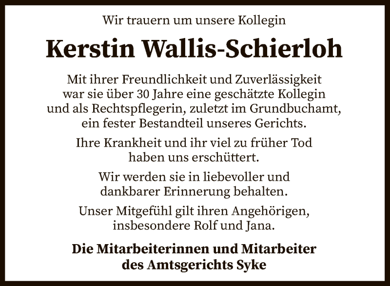  Traueranzeige für Kerstin Wallis-Schierloh vom 03.01.2019 aus SYK
