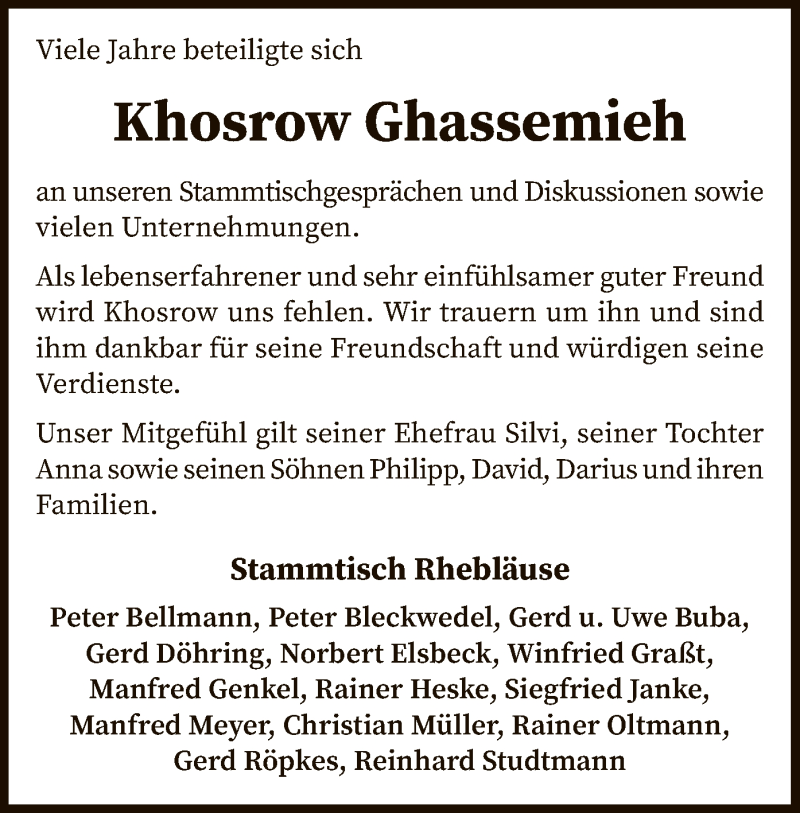  Traueranzeige für Khosrow Ghassemieh vom 04.01.2019 aus SYK