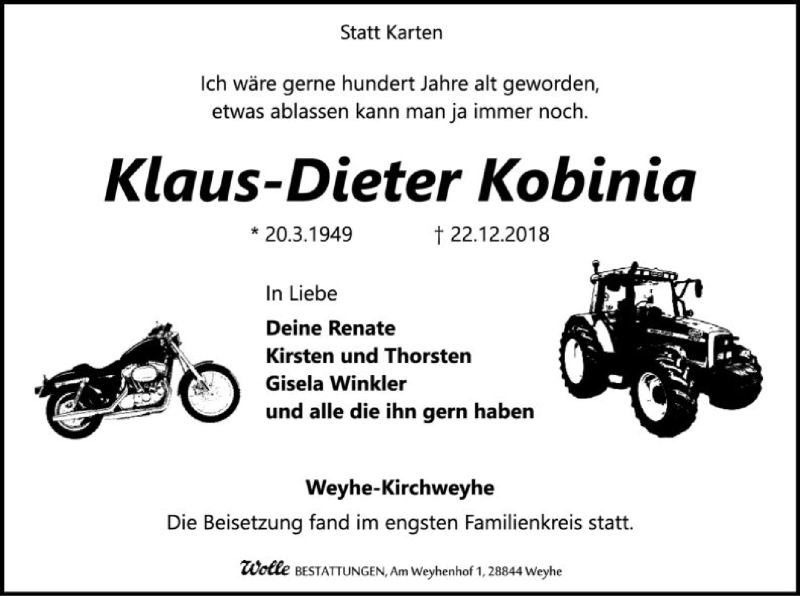  Traueranzeige für Klaus-Dieter Kobinia vom 05.01.2019 aus SYK