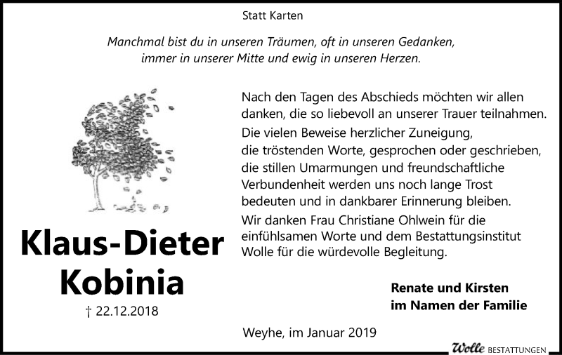  Traueranzeige für Klaus-Dieter Kobinia vom 26.01.2019 aus SYK