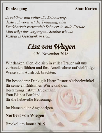 Traueranzeige von Lisa von Wiegen von SYK