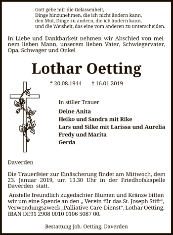 Traueranzeige von Lothar Oetting von SYK