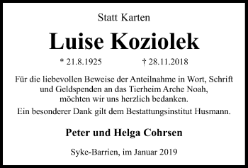 Traueranzeige von Luise Koziolek von SYK