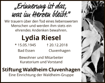 Traueranzeige von Lydia Riesel von SYK