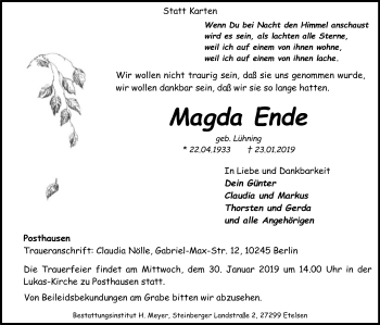 Traueranzeige von Magda Ende von SYK