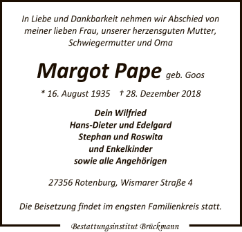 Traueranzeige von Margot Pape von SYK