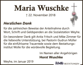 Traueranzeige von Maria Wuschke von SYK