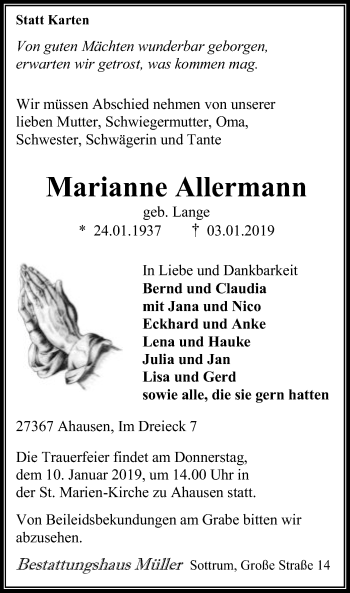 Traueranzeige von Marianne Allermann von SYK