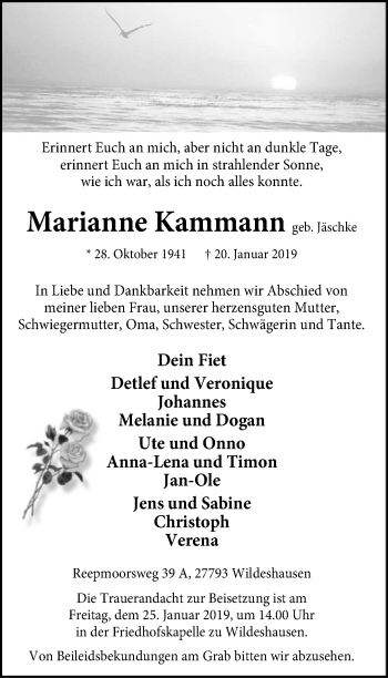 Traueranzeige von Marianne Kammann von SYK