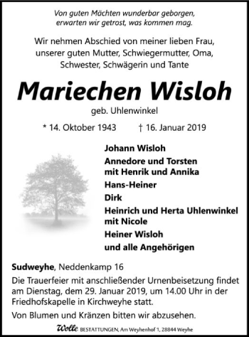 Traueranzeige von Mariechen Wisloh von SYK