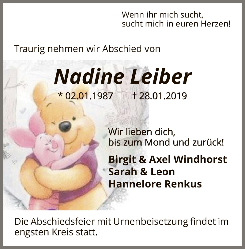  Traueranzeige für Nadine Leiber vom 30.01.2019 aus SYK