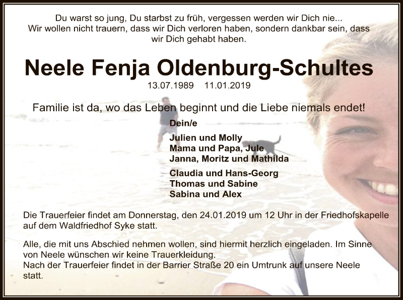  Traueranzeige für Neele Fenja Oldenburg-Schultes vom 19.01.2019 aus SYK