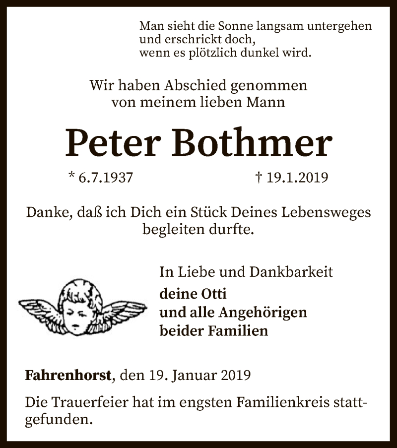  Traueranzeige für Peter Bothmer vom 26.01.2019 aus SYK