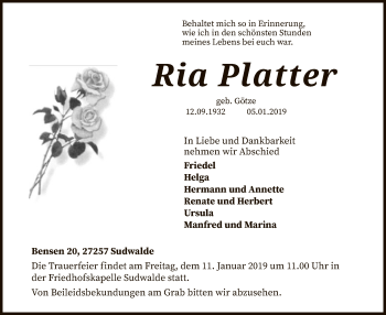 Traueranzeige von Ria Platter von SYK