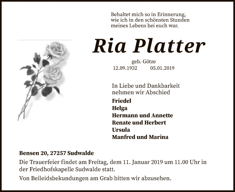  Traueranzeige für Ria Platter vom 08.01.2019 aus SYK