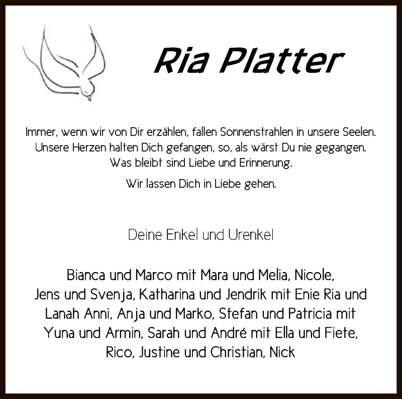  Traueranzeige für Ria Platter vom 08.01.2019 aus SYK