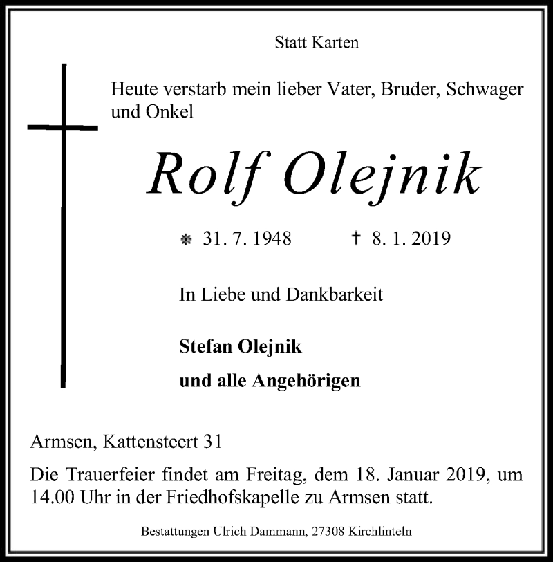 Traueranzeige für Rolf Olejnik vom 15.01.2019 aus SYK