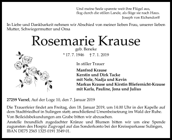 Traueranzeige von Rosemarie Krause von SYK