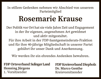 Traueranzeige von Rosemarie Krause von SYK