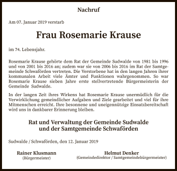 Traueranzeige von Rosemarie Krause von SYK