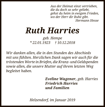 Traueranzeige von Ruth Harries von SYK