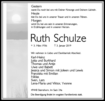 Traueranzeige von Ruth Schulze von SYK