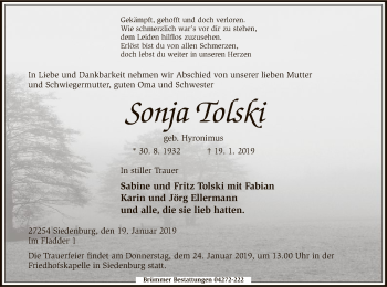 Traueranzeige von Sonja Tolski von SYK