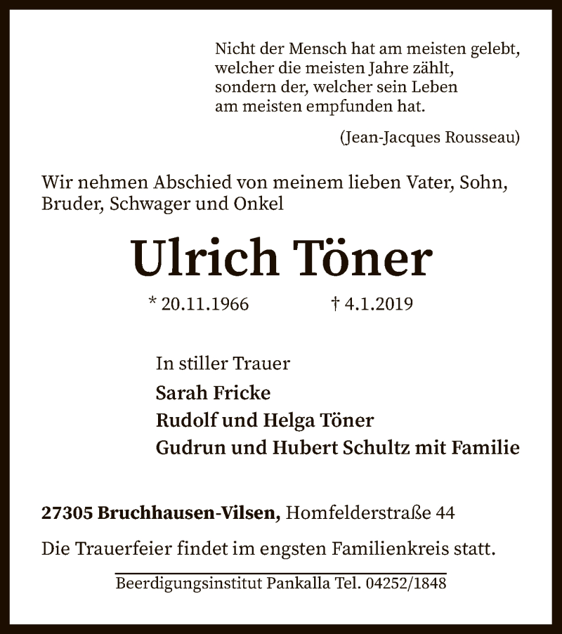  Traueranzeige für Ulrich Töner vom 10.01.2019 aus SYK