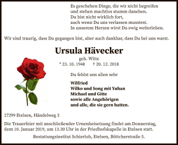 Traueranzeige von Ursula Hävecker von SYK