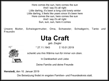 Traueranzeige von Uta Craft von SYK