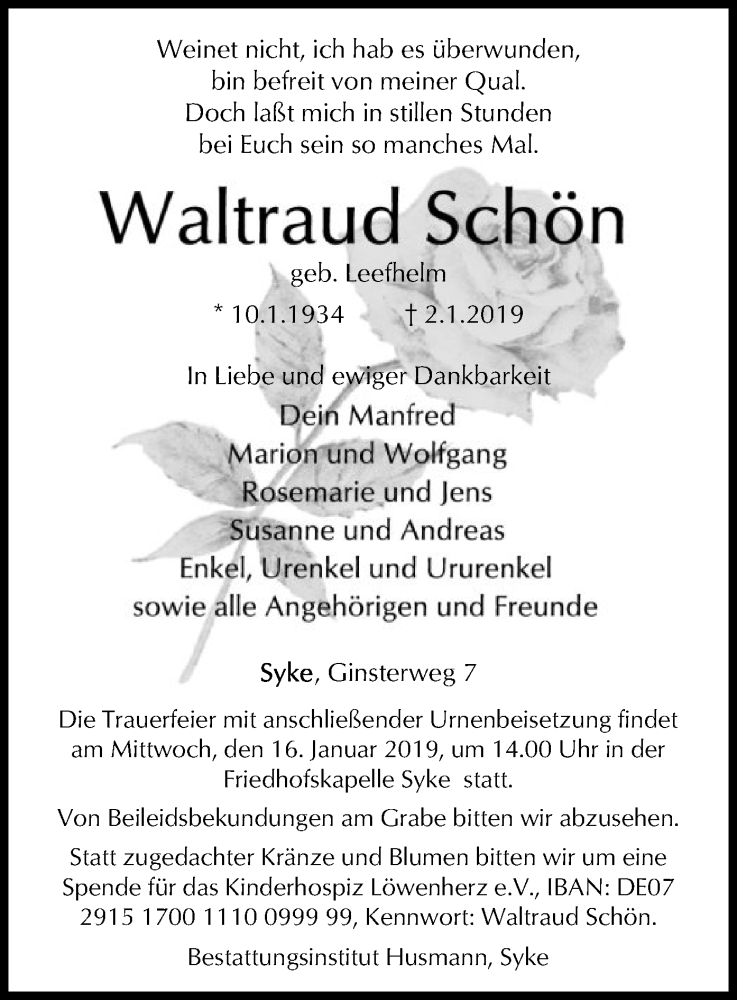  Traueranzeige für Waltraud Schön vom 08.01.2019 aus SYK